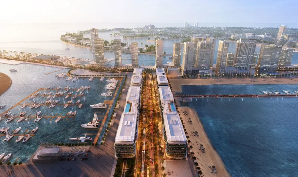 Dubai waterfront marina development with luxury towers and yacht harbour.