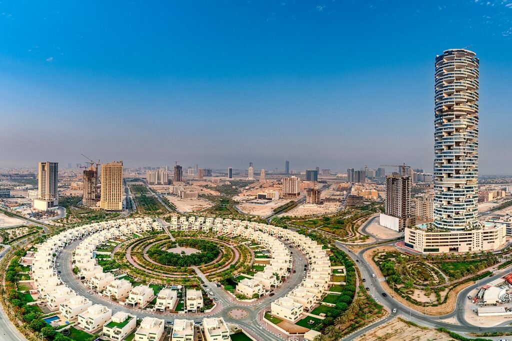 Expo City Dubai residential development near Al Wasl dome with modern apartment buildings.