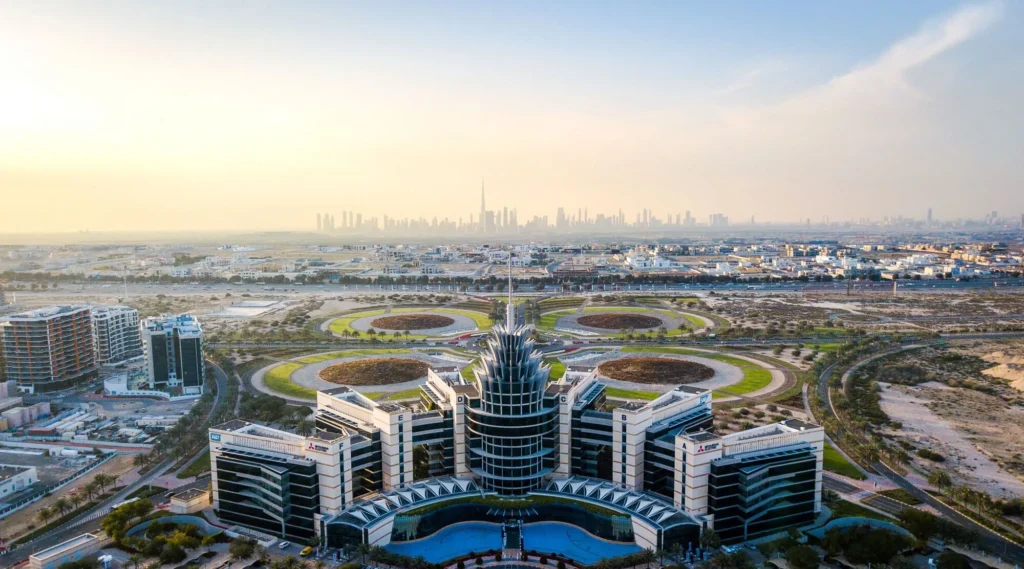 Dubai Silicon Oasis skyline with modern technology park buildings and cityscape.