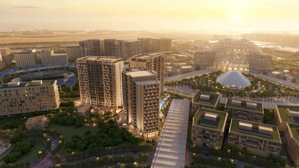 Dubai skyline with Burj Khalifa viewed from suburban residential communities.