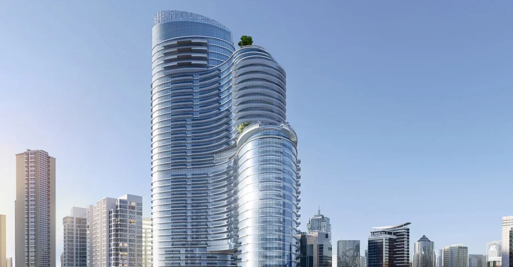 Modern Dubai residential skyscraper with luxury apartments and skyline views.