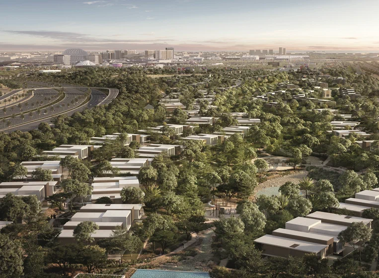 Sustainable green residential community in Dubai with eco-friendly villas and landscaped parks.