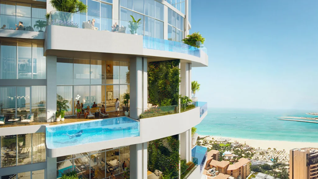 Luxury Dubai apartment with private balcony pool overlooking the Arabian Gulf.